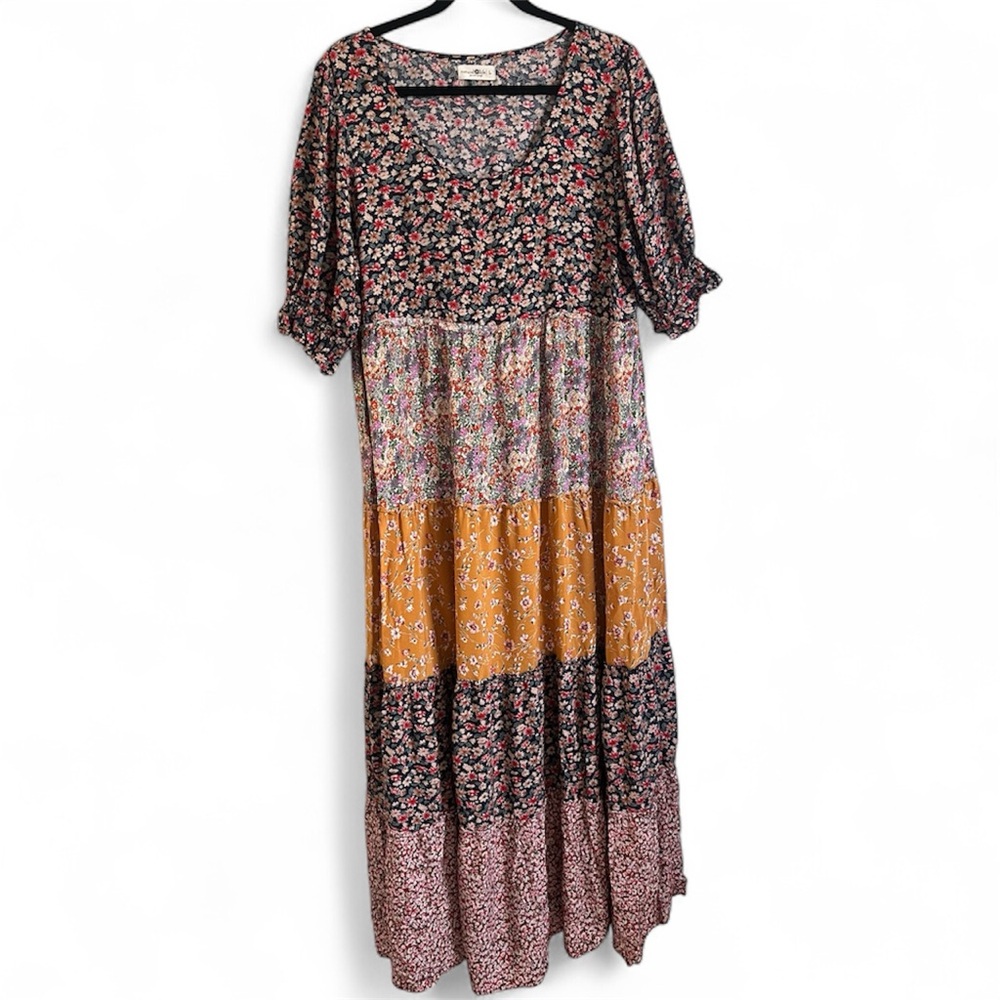 Natural Life Mixed Floral Print Tiered Colette Maxi Dress Blue Red Gold Large - Picture 6 of 11